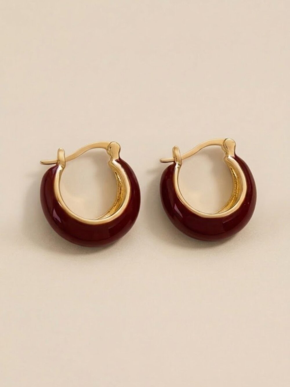 Chunky Gold Burgundy Enamel Huggie Hoop Earrings Red Wine Latch Back Jewelry